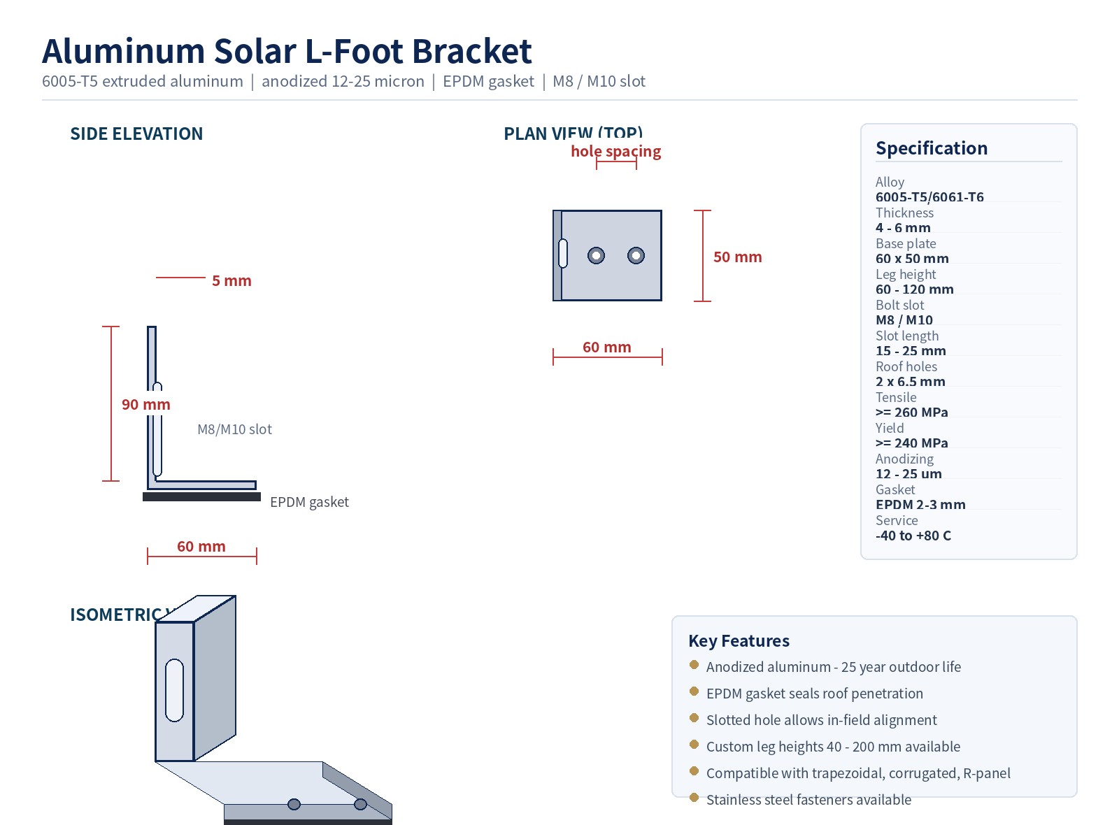 Aluminum solar L-foot bracket for metal roof mounting - 6005-T5 extruded aluminum, anodized 12-25 micron, EPDM gasket, M8/M10 slotted hole