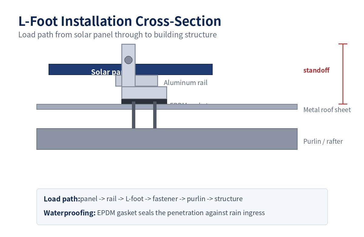 Solar L-foot installation cross-section on a metal roof - load path from solar panel through rail, bracket, fastener and purlin