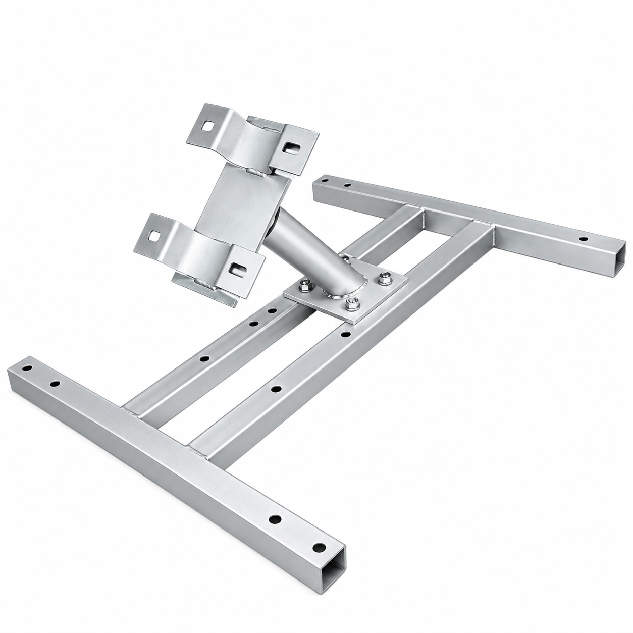 Solar pole mount bracket system with adjustable L-bracket clamps for ground and carport arrays.