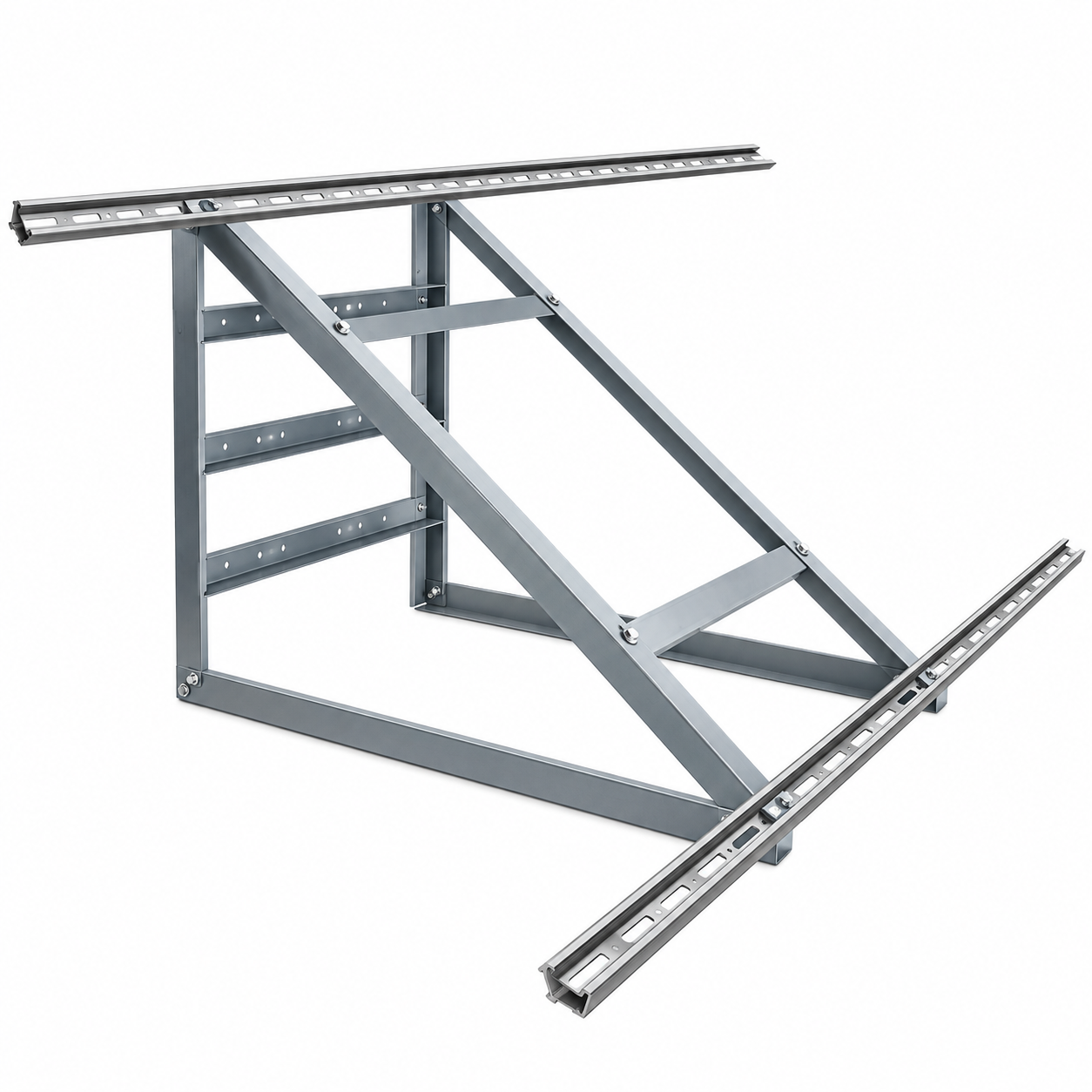 Complete solar panel tilt mounting bracket system with base frame, support legs and mounting rails.