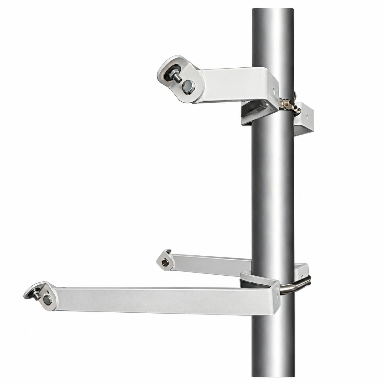 Stainless steel solar pole mount with L-bracket and U-bolt clamps — no roof penetration required.