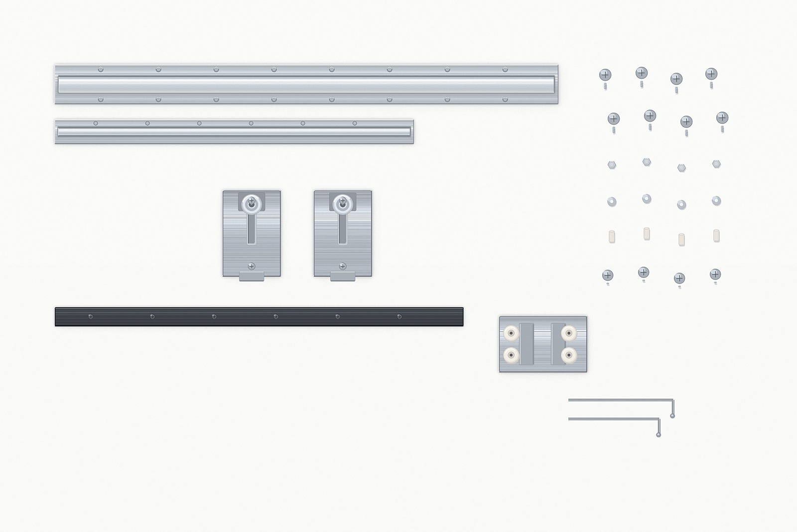 Ghost sliding door hardware kit - concealed track, trolley hangers, floor guide, dampers and mounting hardware laid out flat